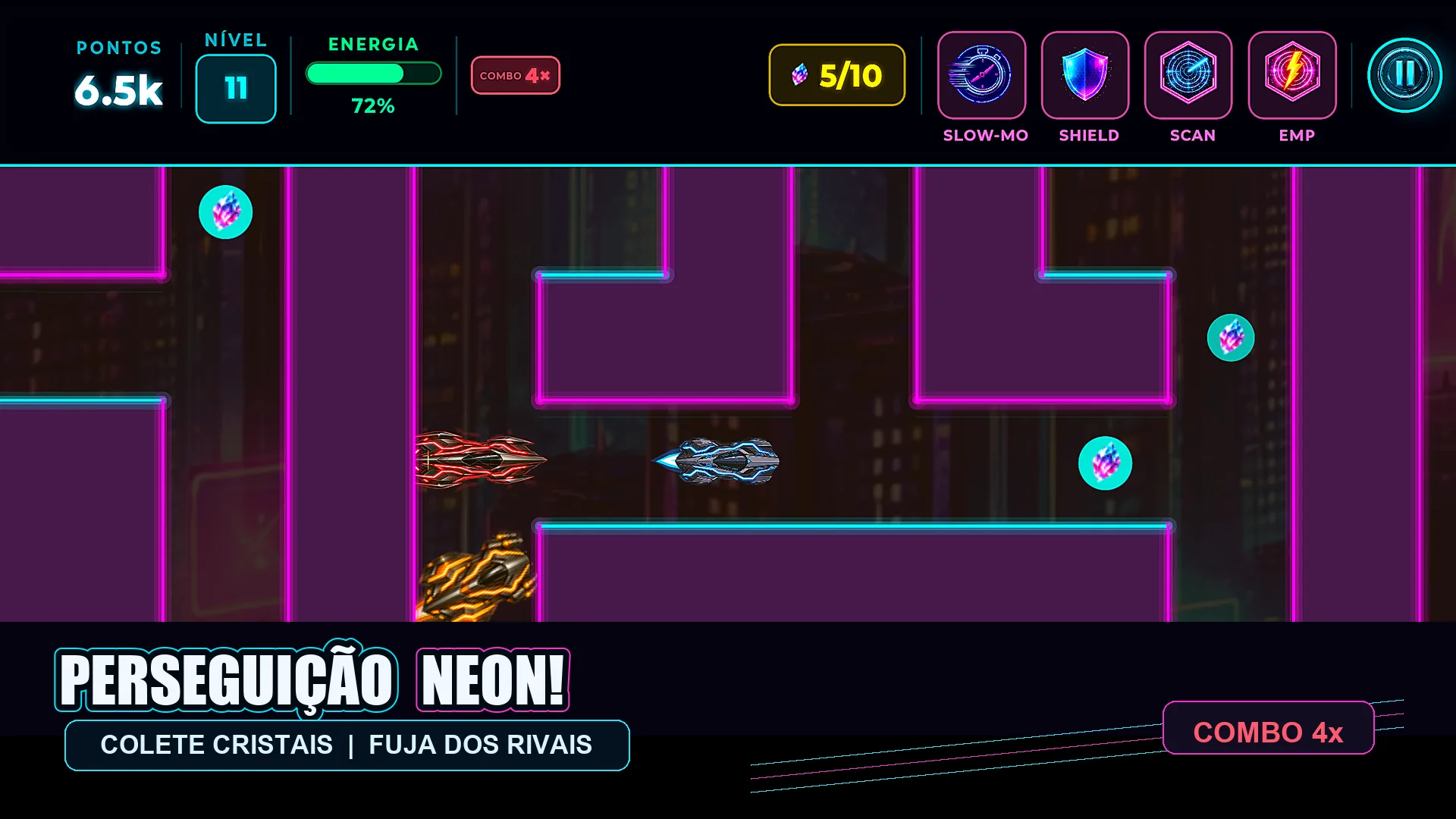 Gameplay do Neon Rally com carros em perseguição e cristais no labirinto