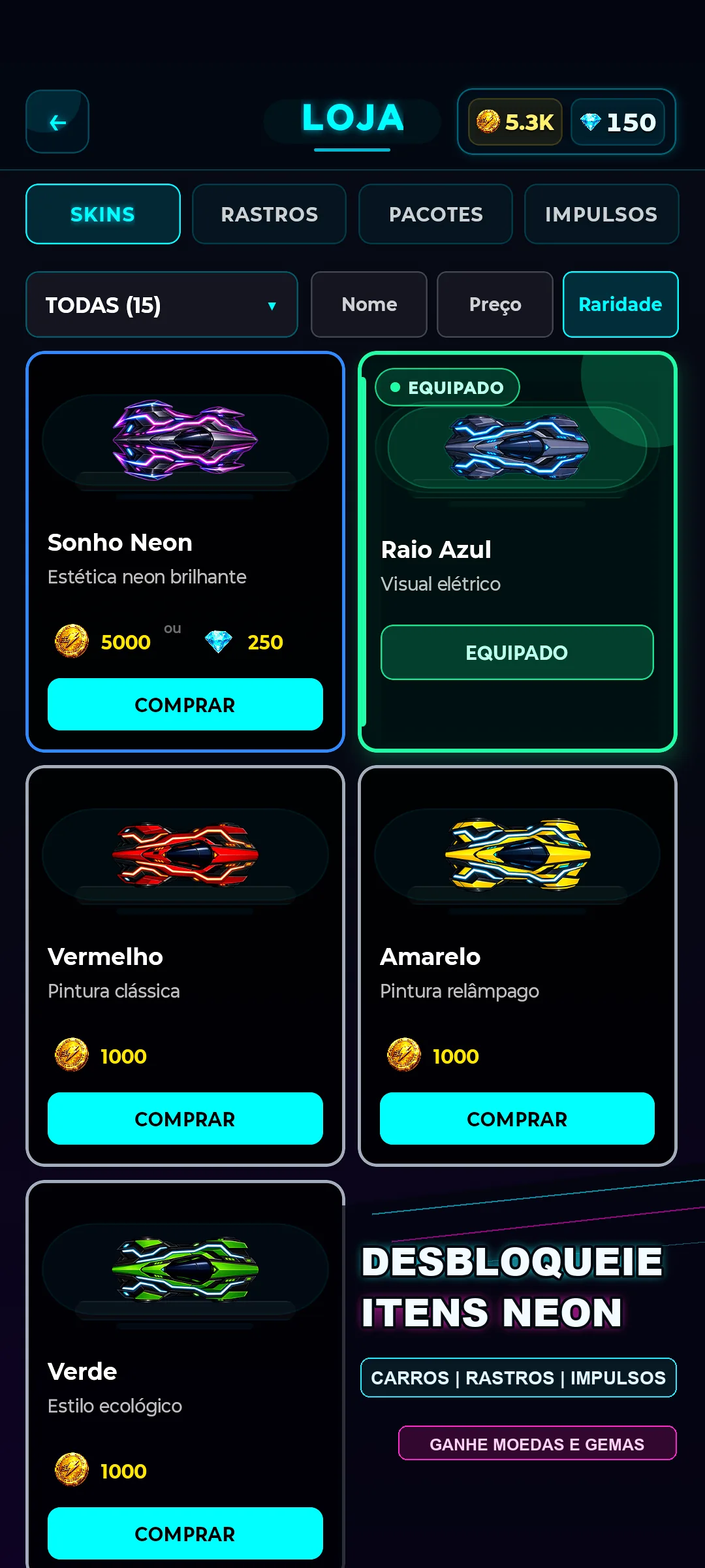 Loja do Neon Rally com carros e itens desbloqueáveis